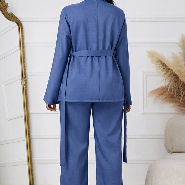 Ladies Lapel Open Top Jacket And Drawstring Elastic loose trousers Set