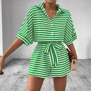Striped Lapel Cardigan Button Half Sleeve Belt Shorts Suit Jumpsuit