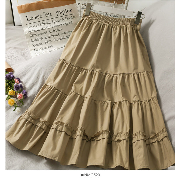 Western Style Wild Wood Ear Stitching Mid-Length A-Line Skirt Female Spring Elastic Waist