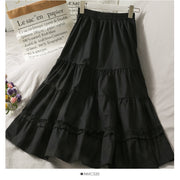 Western Style Wild Wood Ear Stitching Mid-Length A-Line Skirt Female Spring Elastic Waist