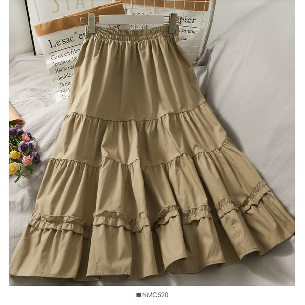 Western Style Wild Wood Ear Stitching Mid-Length A-Line Skirt Female Spring Elastic Waist