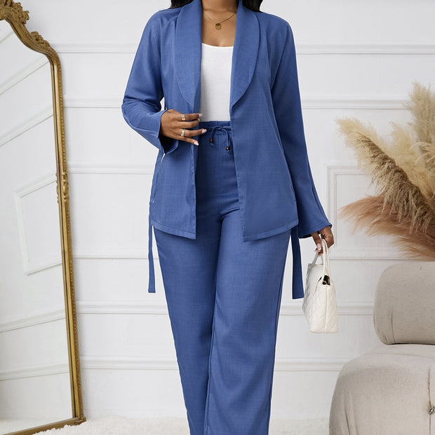 Ladies Lapel Open Top Jacket And Drawstring Elastic loose trousers Set