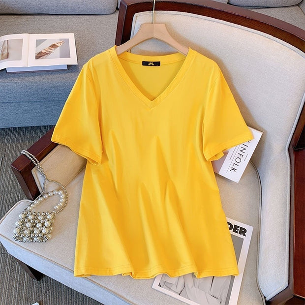 Summer Pure Cotton Short Sleeve T-shirt Top V-neck Loose