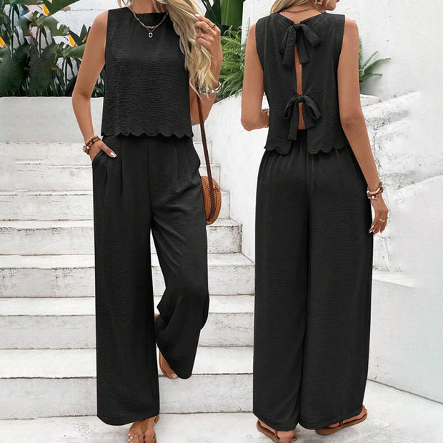 Elegant 2-Piece Matching Set, Sleeveless Crop Top And Wide Leg Pants Outfits