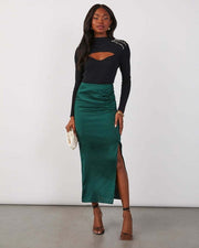 Stitching Split Elegant Silky Draping Satin Sheath Dress