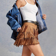 Women's Solid Color High Waisted Western Imitation Suede Tassel Layered Short Skirt