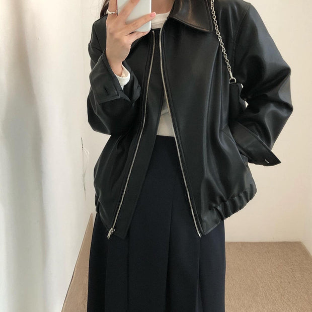Casual Long Sleeve Leather Coat Women
