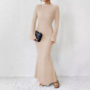 Autumn And Winter Women's Fashion Round Neck Horn Long Sleeve Slim Hip Bag Dress