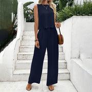 Elegant 2-Piece Matching Set, Sleeveless Crop Top And Wide Leg Pants Outfits