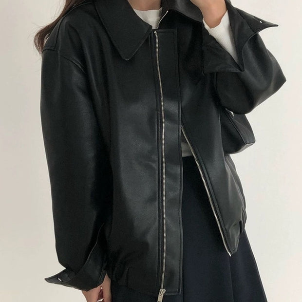 Casual Long Sleeve Leather Coat Women