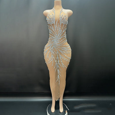 Bright Crystal Gauzy Package Hip Host Evening Dress