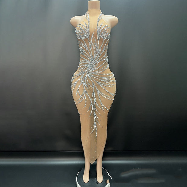 Bright Crystal Gauzy Package Hip Host Evening Dress