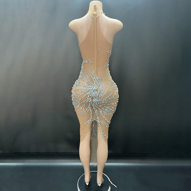 Bright Crystal Gauzy Package Hip Host Evening Dress