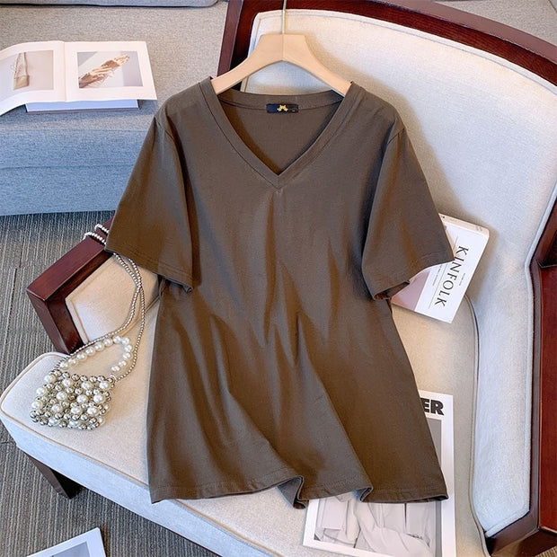 Summer Pure Cotton Short Sleeve T-shirt Top V-neck Loose