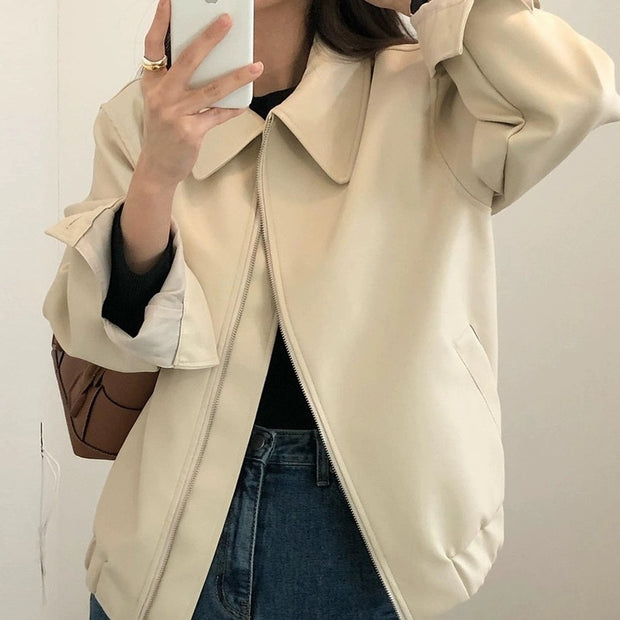 Casual Long Sleeve Leather Coat Women