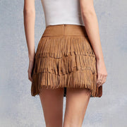 Women's Solid Color High Waisted Western Imitation Suede Tassel Layered Short Skirt