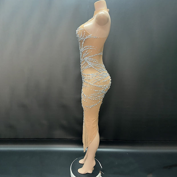 Bright Crystal Gauzy Package Hip Host Evening Dress