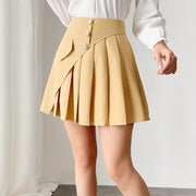 Solid Color Pleated Front Button Design, Women's Temperament Commuting A-line Skirt