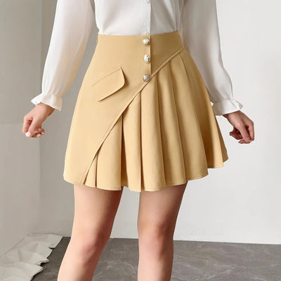 Solid Color Pleated Front Button Design, Women's Temperament Commuting A-line Skirt