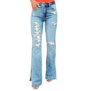 Ladies Jeans High Waist Ripped Slightly Stretch Split Trousers