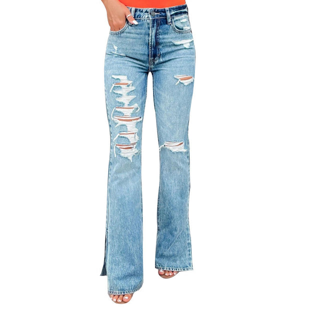 Ladies Jeans High Waist Ripped Slightly Stretch Split Trousers