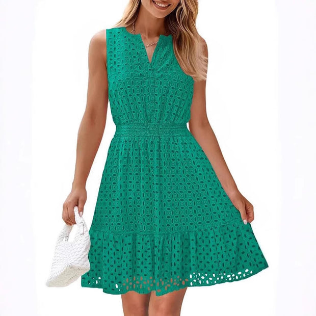 Women's Sleeveless  Dress V-neck Hollow Out