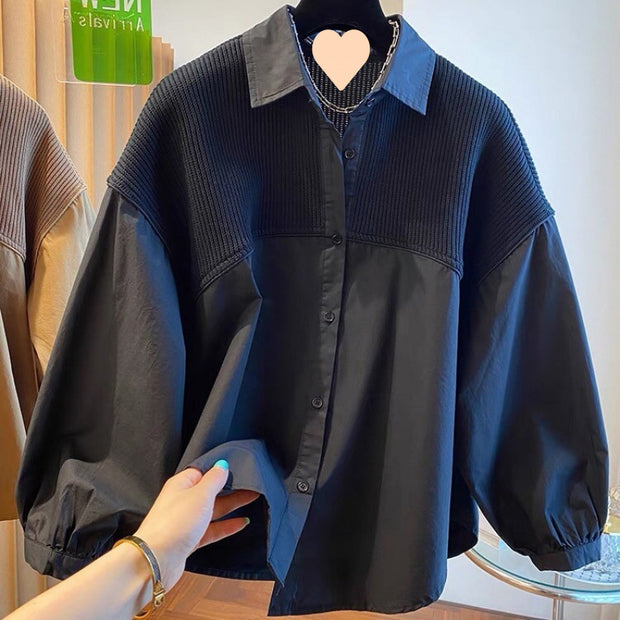 Loose Casual Knitted Stitching Shirts Women