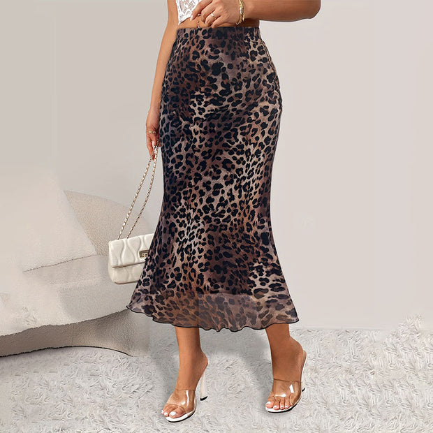 Sexy Leopard Print Stretch Mesh See-through Skirt