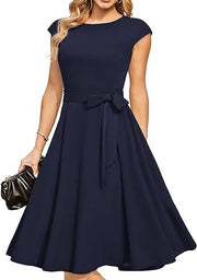 Summer Round Neck Sleeve Waist Belt Slim Print Sleeveless Swing Dress