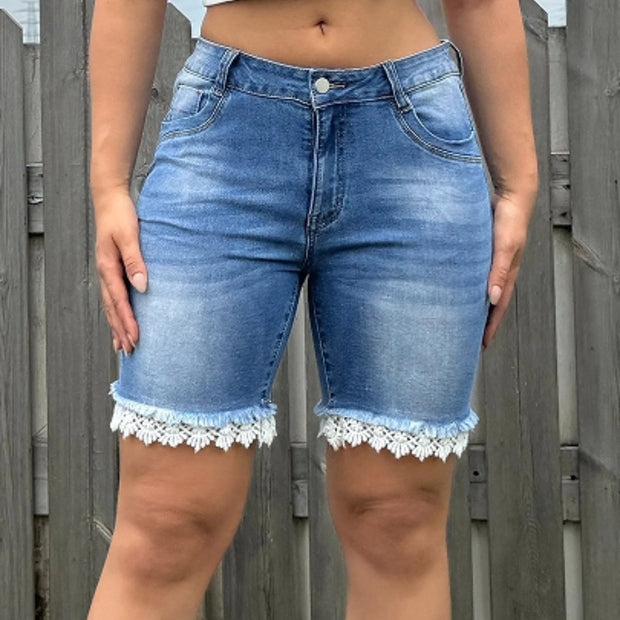 Chic Light Blue High-waisted Plus Size Denim Shorts With