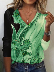 Fall Winter Fashion Printing Long-sleeve T-shirt Sexy Temperament Collar Top Slim Women's Clothing Animal And Plant Printing