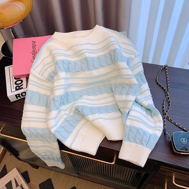 Striped French Cream Autumn Winter Sweater Loose Top