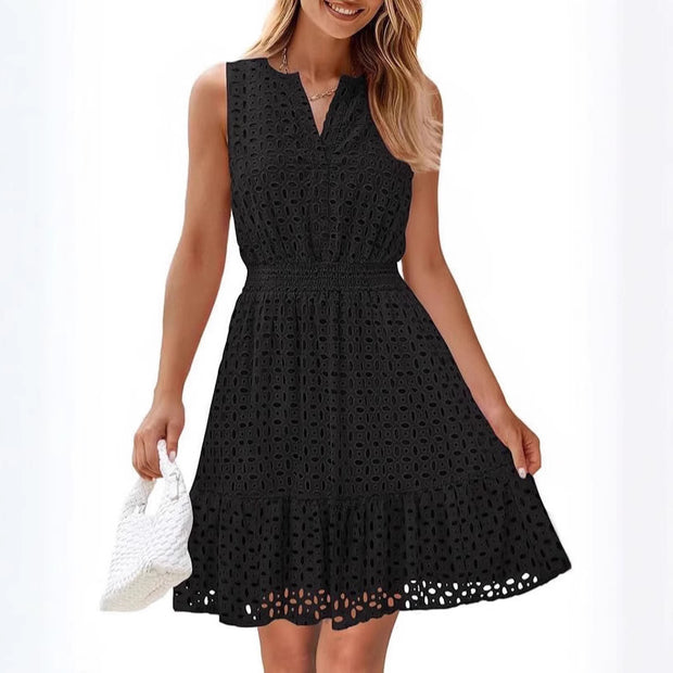 Women's Sleeveless  Dress V-neck Hollow Out