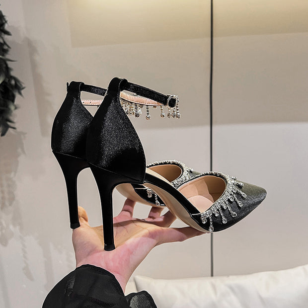 Satin Strap Tassel Chain High Heels