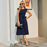Summer Round Neck Sleeve Waist Belt Slim Print Sleeveless Swing Dress