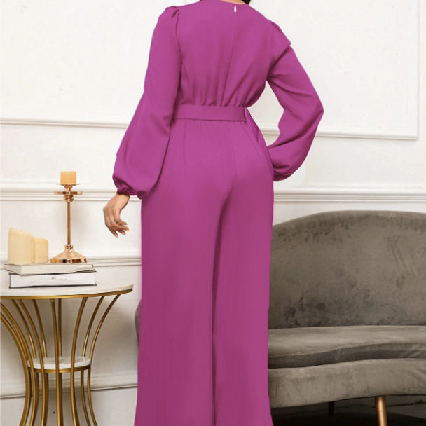Ladies' Elegant Temperament, Ring Belt, Versatile Long Sleeved Jumpsuit