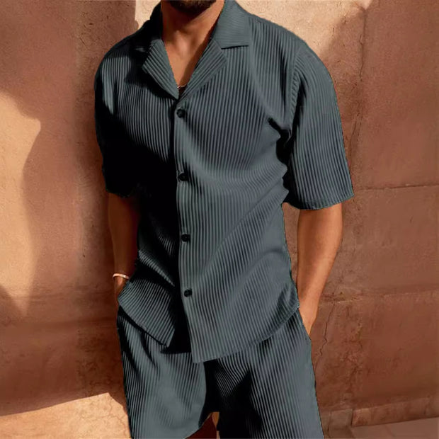 Corduroy Casual Polo Collar Men's Shorts Set