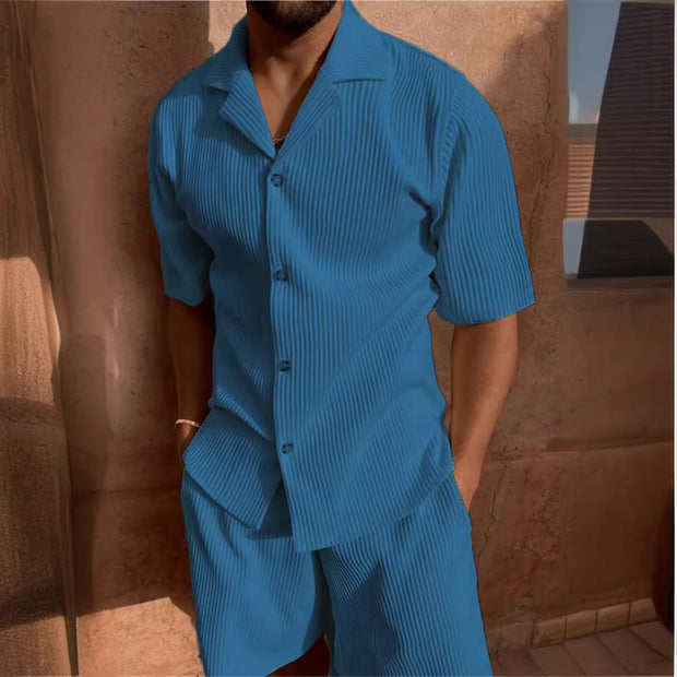Corduroy Casual Polo Collar Men's Shorts Set