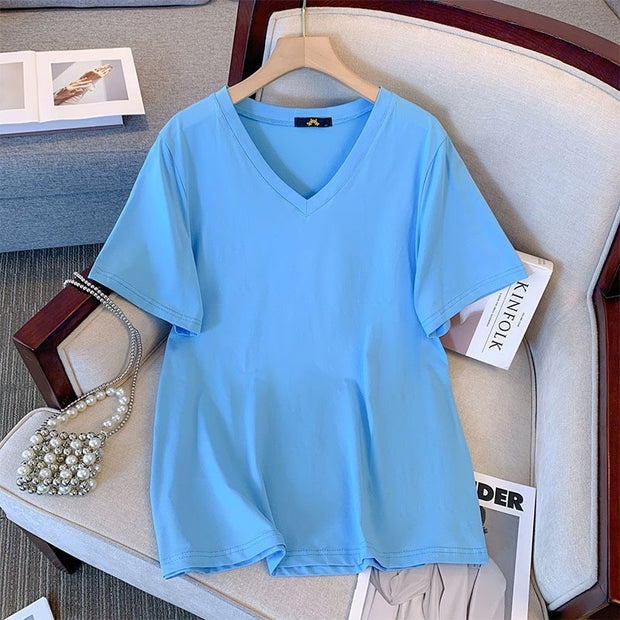 Summer Pure Cotton Short Sleeve T-shirt Top V-neck Loose