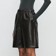 Sheepskin Elastic Waistband All-match Casual Straight-leg Leather Shorts Women