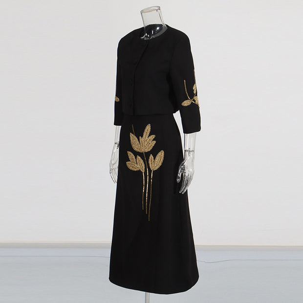 Exquisite Flowers Beaded Top High Waist Skirt Two-piece Set