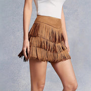 Women's Solid Color High Waisted Western Imitation Suede Tassel Layered Short Skirt