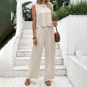 Elegant 2-Piece Matching Set, Sleeveless Crop Top And Wide Leg Pants Outfits