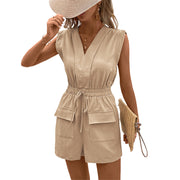 Jumpsuit Tied V-neck Solid Color One-piece Shorts