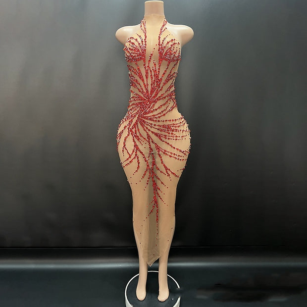 Bright Crystal Gauzy Package Hip Host Evening Dress