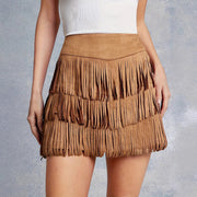 Women's Solid Color High Waisted Western Imitation Suede Tassel Layered Short Skirt