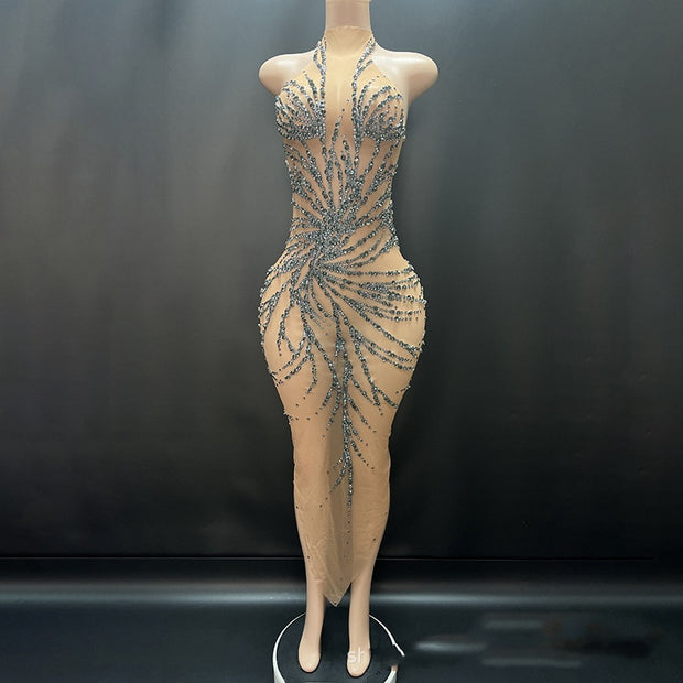 Bright Crystal Gauzy Package Hip Host Evening Dress