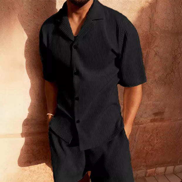 Corduroy Casual Polo Collar Men's Shorts Set