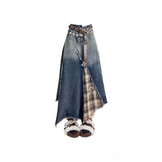 Maillard Retro Irregular Denim Stitching Plaid A- Line High Waist Skirt