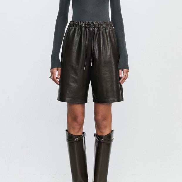 Sheepskin Elastic Waistband All-match Casual Straight-leg Leather Shorts Women